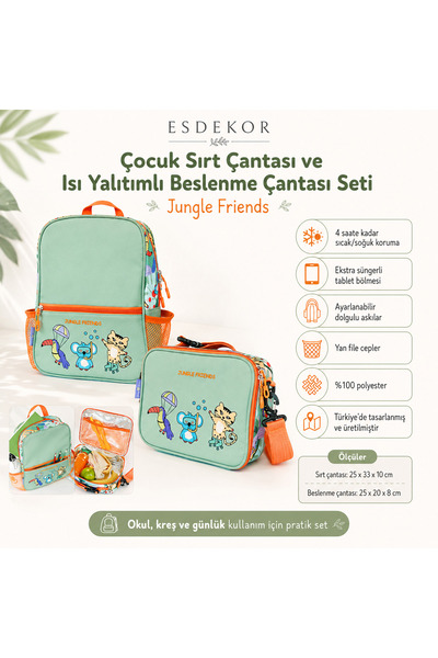 esdekor Jungle Friends Kids Backpack and Insulated Lunch Box Set – Mint Green