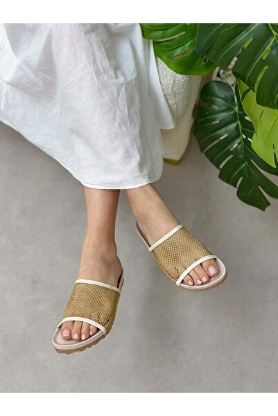 ERVANIN BUTİĞİ Beige Skin (Eco) Gold Mesh Detail Women's Slippers