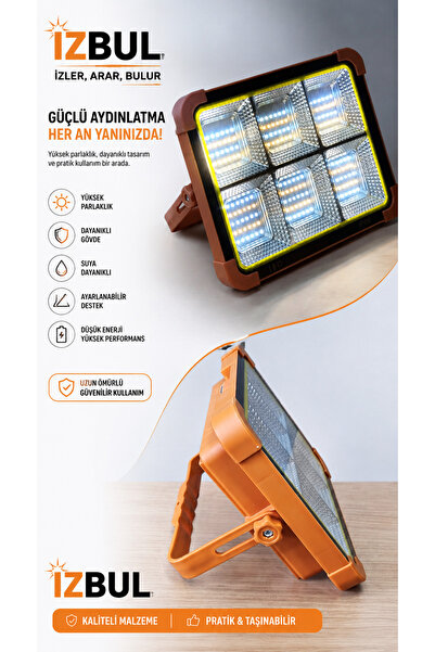 izbul 6 GÖZ Kaliteli Solar Panelli 12000 mAh LED Projektör Şarjlı Kamp Lambası Powerbank Çakar Modlu Güçlü Aydınlatma