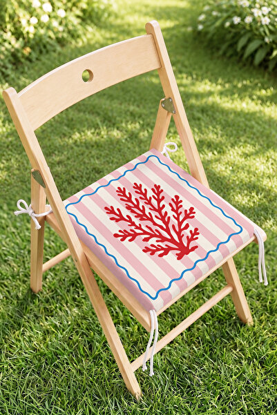 Home Kırmızı Mercan Motifli Pembe Çizgili Fermuarlı Sandalye Minderi - Dekora...