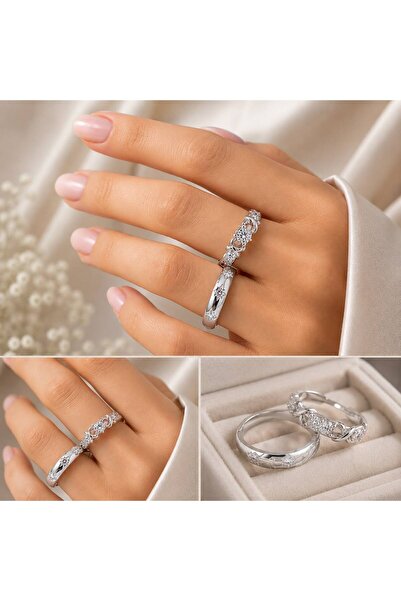 Mervişim Aksesuar Vintage Stylish 2-Piece Zircon Stone Silver Color Adjustabl...