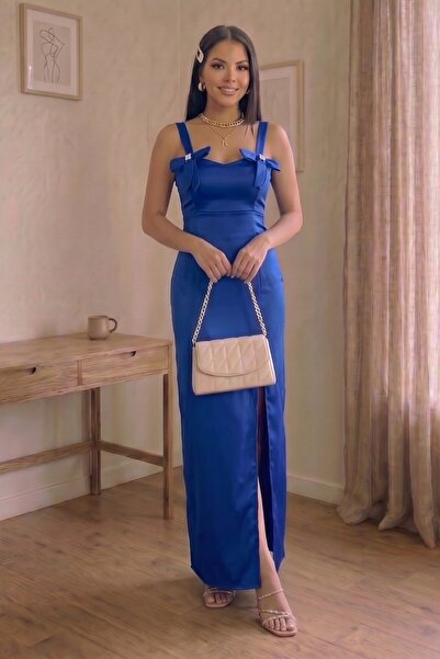 Aysan Moda Slit Draped Satin Long Evening Dress