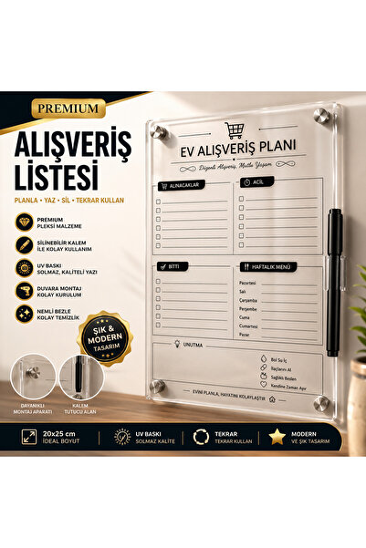Sarıgöz **Premium Pleksi Alışveriş Listesi | Yaz Sil Mutfak Planlayıcısı | UV...
