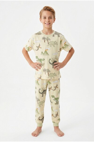 Yağmur Giyim İsob Dinosaur Patterned 100% Cotton Boys' Short Sleeve Pajama Se...