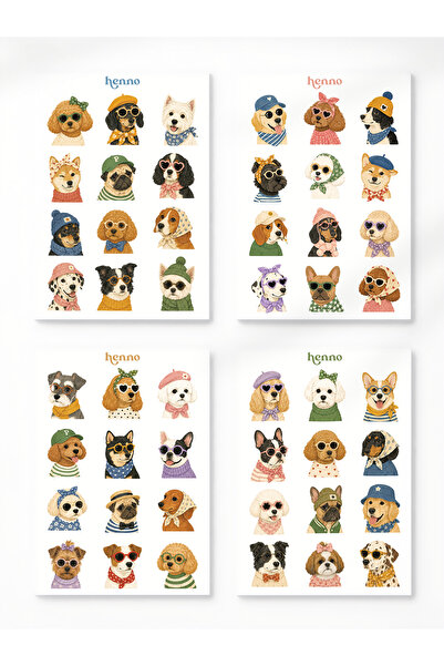 Henno Sevimli Köpekler Temalı 4’lü Sticker Seti (A6 10,5 × 14,8 cm) | Ajanda,...