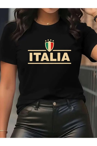 212Wear تي شيرت نسائي عصري بأكمام قصيرة يحمل شعار العلم الإيطالي وكلمة "إيطال...