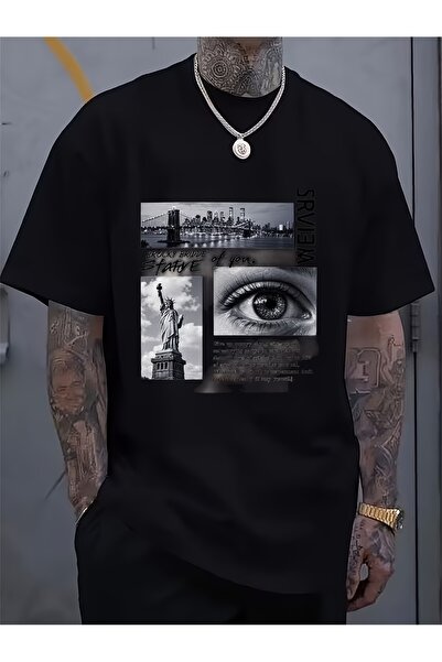 LİNA06 Style Print T-Shirt Pure Round-Neck Design Urban Skyline And Statue of...