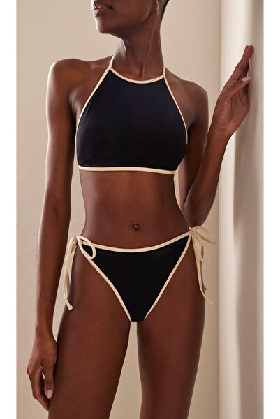 sayina Black and White Ribbed Halter Neck Bikini Set