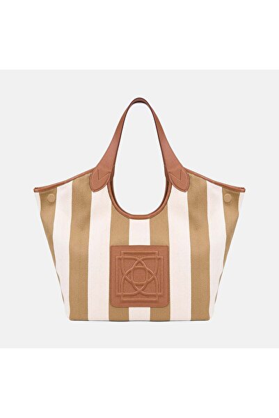 Desa حقيبة كتف نسائية من القماش المخطط بشعار Monogram