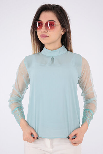 FIRST STYLE Turquoise Color Soft Turkish Blouse with Long Sleeves and High Co...