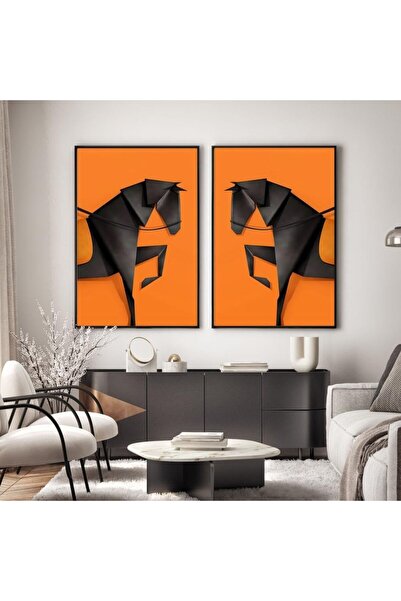 GENERAL Two-panel Geometric Origami Horse Orange and Black 120x80 cm | Contem...