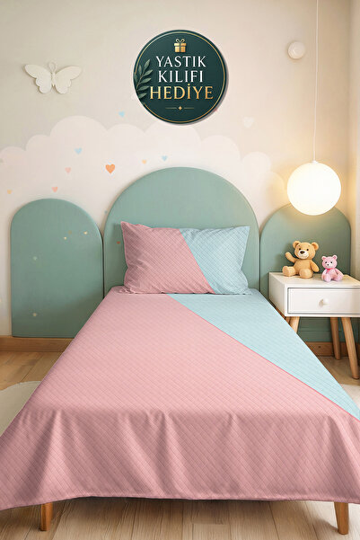 Evimde Bambaşka Pastel Geometric Young Room Single Pique Set - Modern Pink Bl...