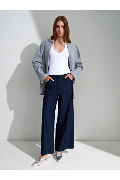 Dilvin 72728 Linen Blend Wide Leg Trousers-Navy Blue