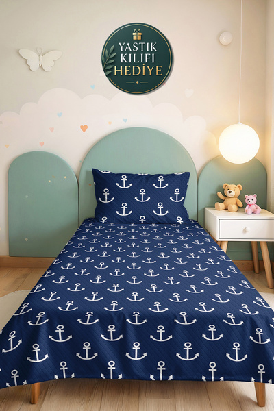 Evimde Bambaşka Navy Blue Anchor Youth Room Single Pique Set - Nautical 160X2...