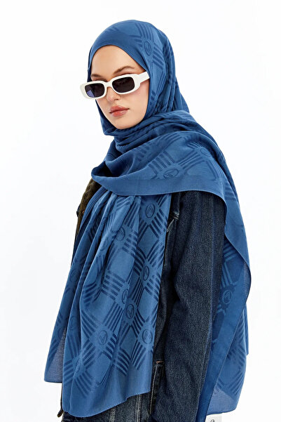 Valentino Orlandi 60% Floss 40% Cotton Logo Match Pattern Shawl_Indigo