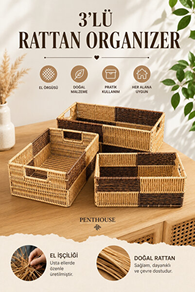 Penthouse 3-Piece Rattan Organizer Box Set Handmade Wicker Organizer Basket B...