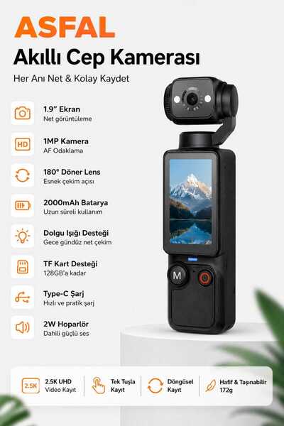 Asfal Akıllı Cep Kamerası 2.5K UHD 180° Döner Lens 1.9'' Ekran 2000mAh Vlog S...