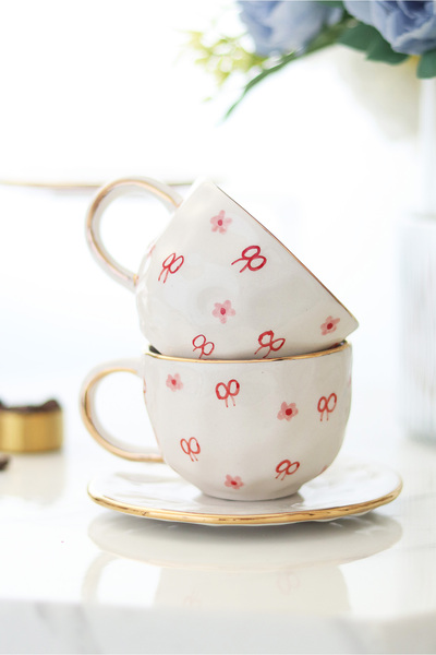 ada mia seramik Set of 2 Handmade Ceramic Cups with Stripes 140ml