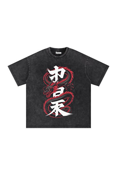 Violon Black Washed Neo-Tokyo Dragon Printed Unisex Oversize T-Shirt