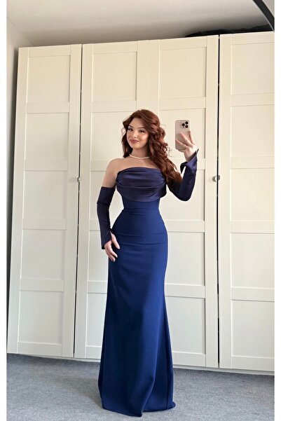 ayşenur Dinçer butik Alya Saten Kollu Abiye Lacivert