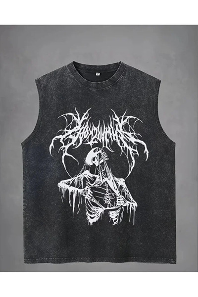 Violon Tricou fără mâneci unisex, negru, cu imprimeu schelet gotic, stil vintage