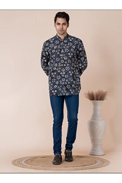 Devoiler Mens Floral Printed Cotton Short Kurta Set
