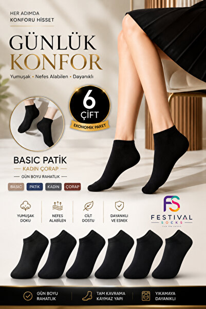 Festival Socks 6 Pairs of Black Women's Basic Bootie Socks 80% Cotton Soft Br...
