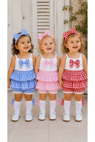TREND NATURAL Baby Girl 4-Piece Summer Set Cotton Badi Ruffle Shorts Skirt Hair Band and Socks Pink Red Blue