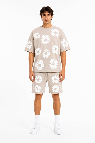 HZR wear Men's 2-Piece Set Printed Shorts T-Shirt Set Oversize Double Face