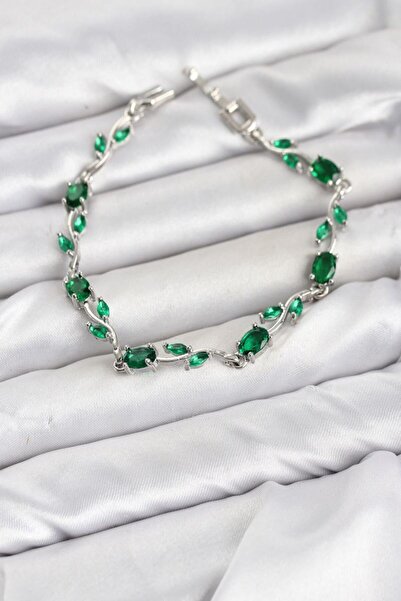 norsary Brass Silver Color Green Zircon Stone Flower Model Women's Bracelet