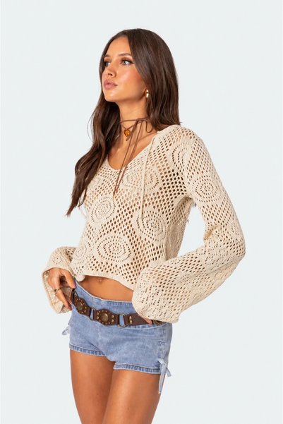 TRAFFOO CLUB Women's Summer Openwork Long Sleeve Crop Knitwear Blouse