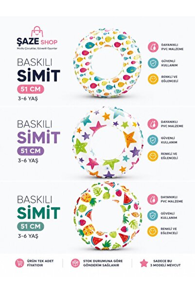 SAZE 51 cm Baskılı Çocuk Deniz Simidi 3-6 Yaş | Renkli Desenli Havuz ve Deniz...