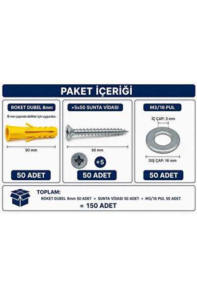 Üstün VİDA DUBEL PUL SETİ 150PCS (5X50 VİDASI 8MM ROKET DUBEL 3/16PUL)