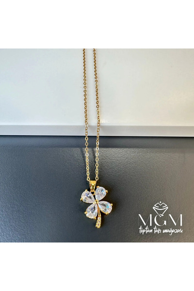 Inure Jewelry Steel Zircon Stone Clover Necklace - Kl0166
