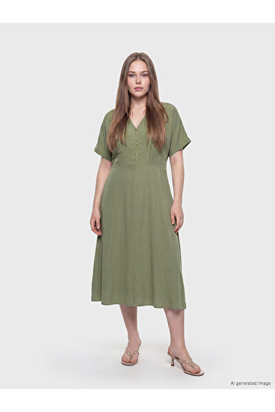 LC Waikiki Lcwaikiki Curve Khaki Plus Size V-Neck Pleated Detailed Dress