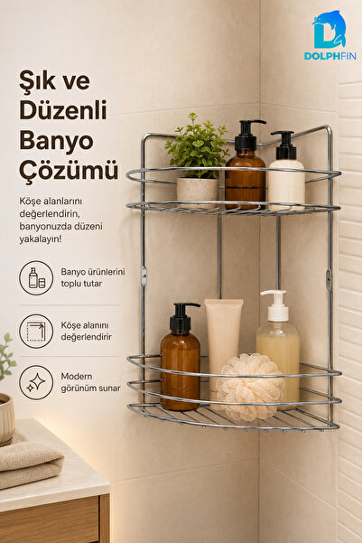 DolphFin 2 Katlı Gümüş Banyo Duş Rafı Metal Köşe Şampuanlık Sabunluk Banyo Dü...