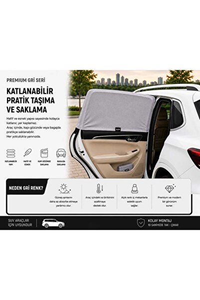 Allivo SUV Araçlar İçin Uyumlu Gri Renk 2'li Yan Cam Güneşlik Perde ( Lastikl...