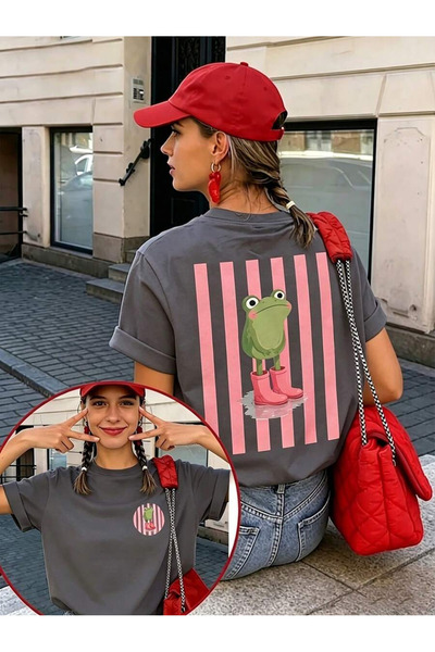 OVER HEAD Women's Striped Frog Printed Oversized T-Shirt