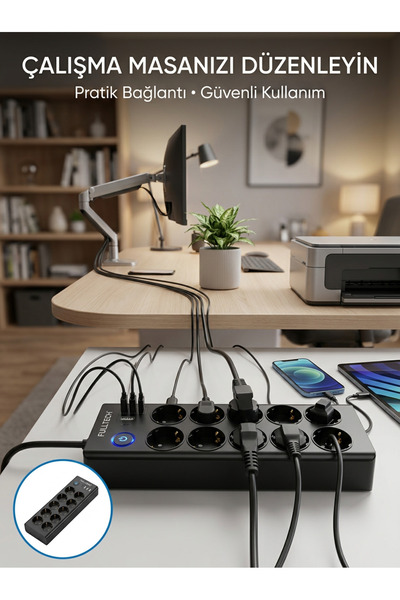 Genel Markalar Akım Korumalı 10'lu Çoklu Priz USB-A ve Type-C Şarj Çıkışlı - ...