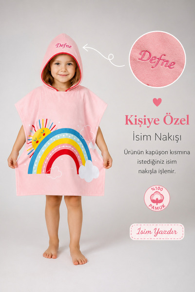 Minilee Pembe Gökkuşağı - İsimli Çocuk Kapşonlu Panço Havlu – Deniz, Havuz ve...