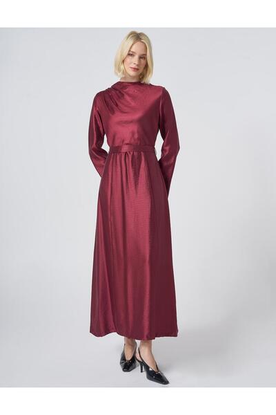 Kayra Belt Detailed Satin Dress Burgundy