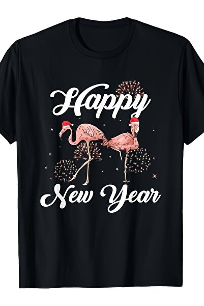 23 nisan Flamingo Lover's Year's Gift T Black Tee with Pink Flamingos & Happy...
