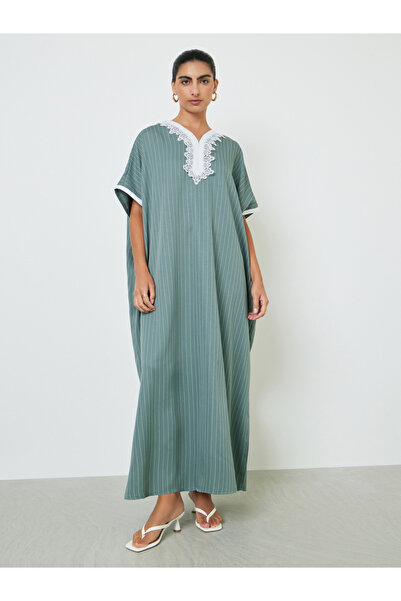 Styli Green Striped Jalabiya with Lace Trim