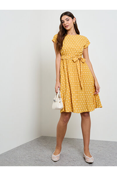 Take Two By Styli Yellow Polka Dot Print Bow Tie-Up Knee-Length Dress