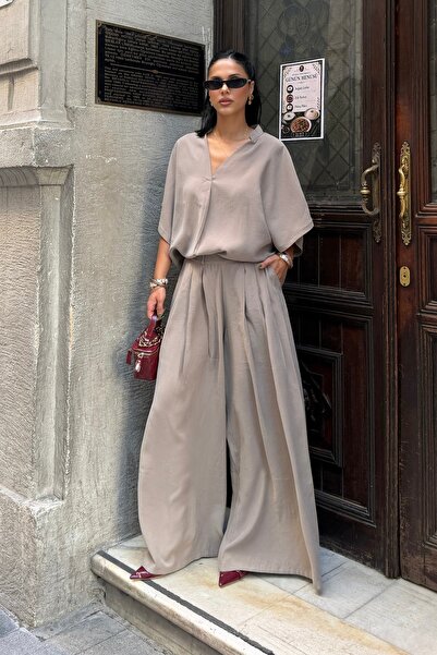 BEJNA Women's V-Neck Blouse Wide-Leg Pants Oversize Modal Textured Set