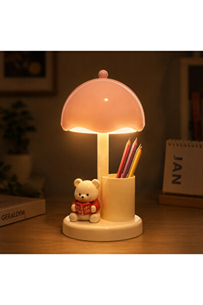 Coverzone Ayıcıklı LED Masa Lambası USB Şarjlı 3 Kademeli Kalemlik Telefon St...