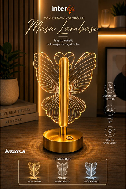 İnterlife Kelebek Model LEDLİ Masaüstü Lambası Sarjlı Dokunmatik Modern Lamba