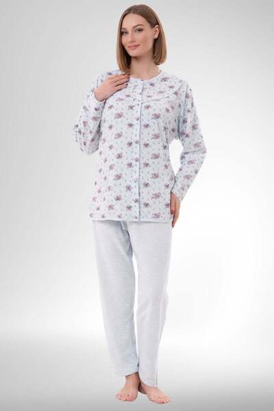 Mecit Pijama طقم بيجامة نسائي كبير الحجم بأزرار طويلة باللون الأزرق من ميسيت ...