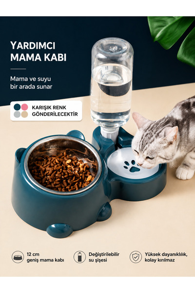 FERAH PLASTİK Otomatik Su Hazneli Kedi ve Köpek Mama Kabı | Paslanmaz Çelik Mama Kabı | Kaymaz Tabanlı Çift Hazneli Mama ve Su Kabı | Karışık Renk