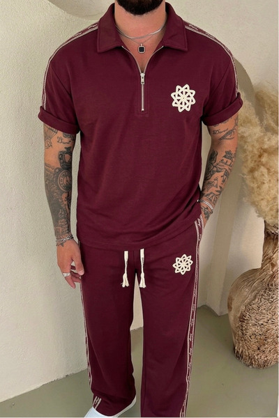 OUTFİT MAN Retro Embroidered Tracksuit Set Claret Red